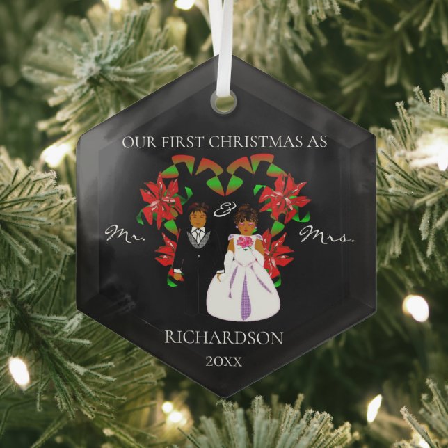 African American First Christmas as Mr & Mrs Glass Ornament (Insitu)
