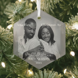 African American First Christmas as Mr & Mrs Photo Glass Ornament