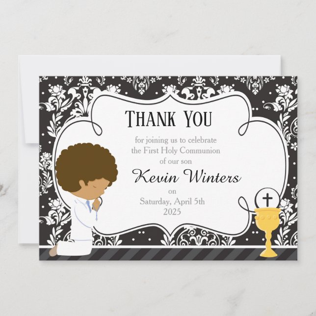African American First Communion Damask Thank You Card (Front)