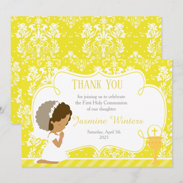 African American First Communion Damask Thank You Card (Front/Back)