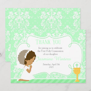 African American First Communion Damask Thank You Card