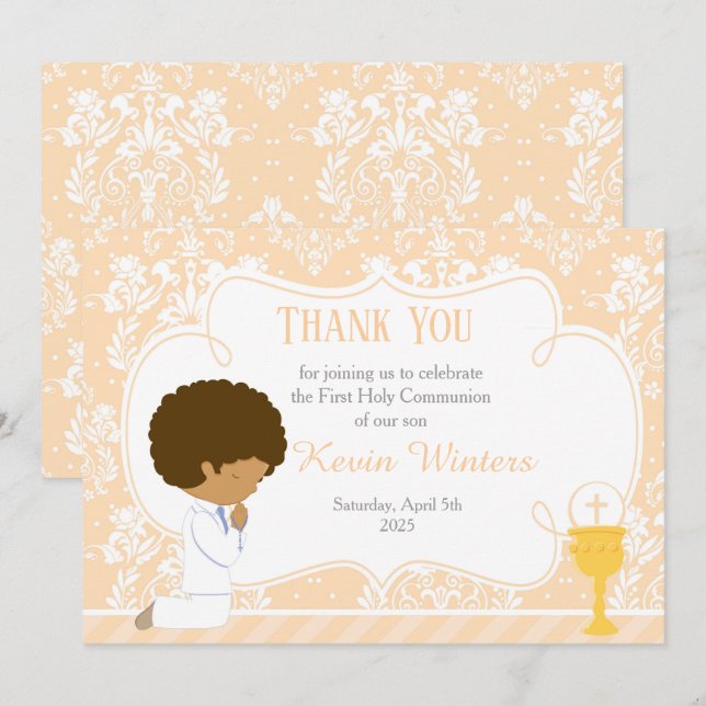African American First Communion Damask Thank You Card (Front/Back)