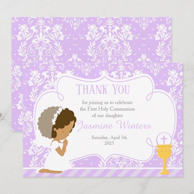 African American First Communion Damask Thank You Card (Front/Back)