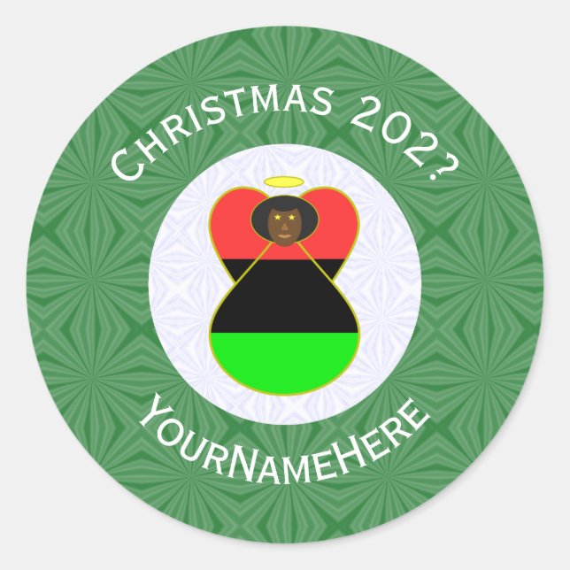 African American Flag Christmas Angel Personalize Classic Round Sticker (Front)