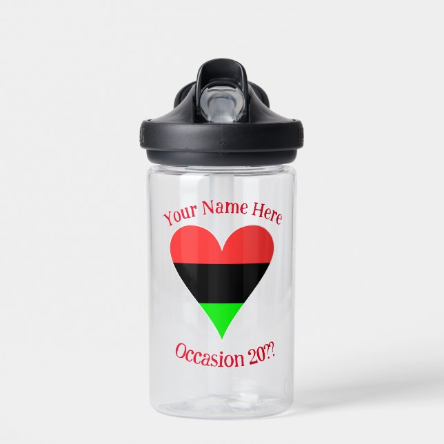 African American Flag Heart Funky Personalized  Water Bottle (Front)