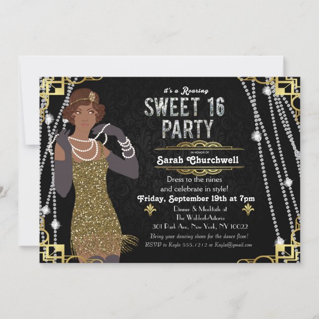 African American Flapper Sweet 16 Invitation (Front)