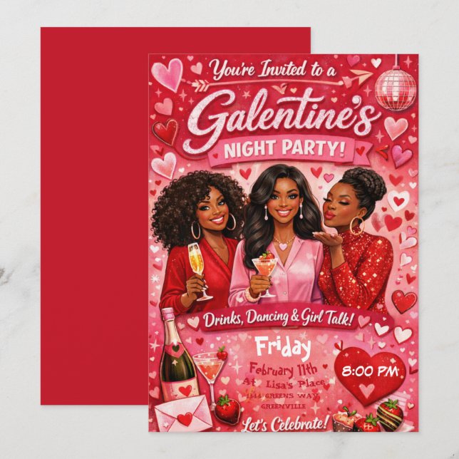 African American Galentine's Night Friends Party Invitation (Front/Back)