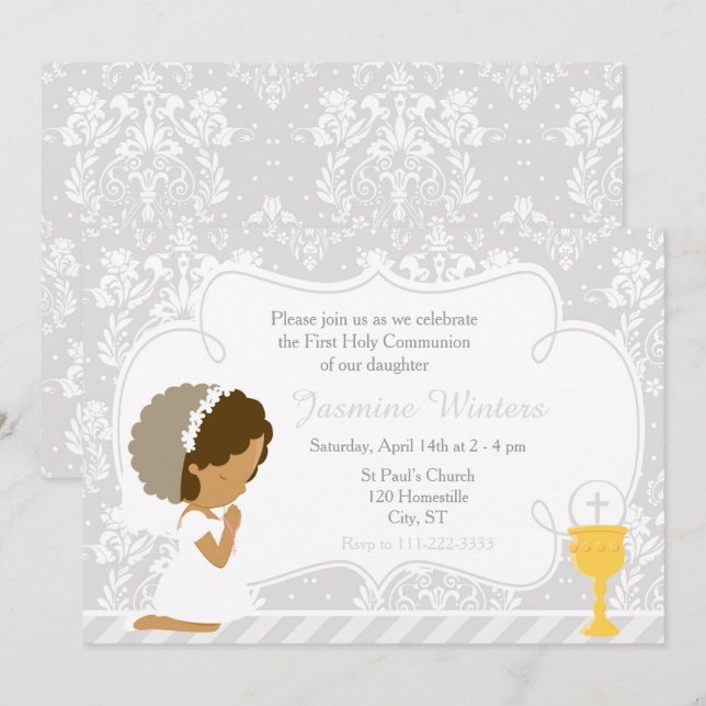 African American Girl First Communion Damask Invitation (Front/Back)