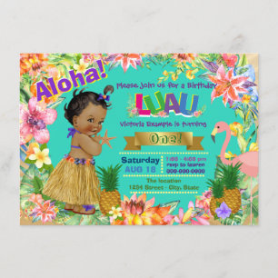African American Girl Hawaiian Luau Birthday Party Invitation