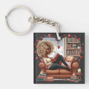 African American Girl Love Book - Reading Lovers Keychain