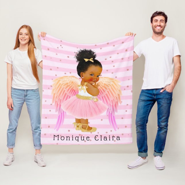 African American Girl Pink Ballerina Angel Custom  Fleece Blanket (In Situ)