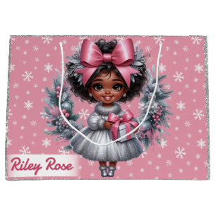 African American Girl Pink & Silver Holiday Large Gift Bag