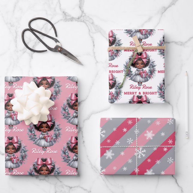 African American Girl Pink & Silver Holiday Wrapping Paper Sheet (Front)