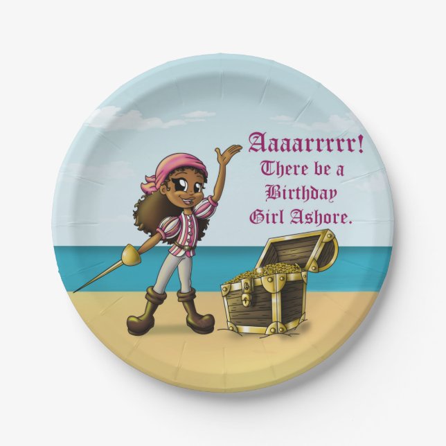 African American Girl Pirate Birthday Paper Plate (Front)