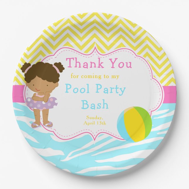 African American Girl Pool Party Bash Party Paper Plate (Front)