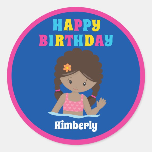 African American Girl Pool Party Custom Birthday Classic Round Sticker (Front)