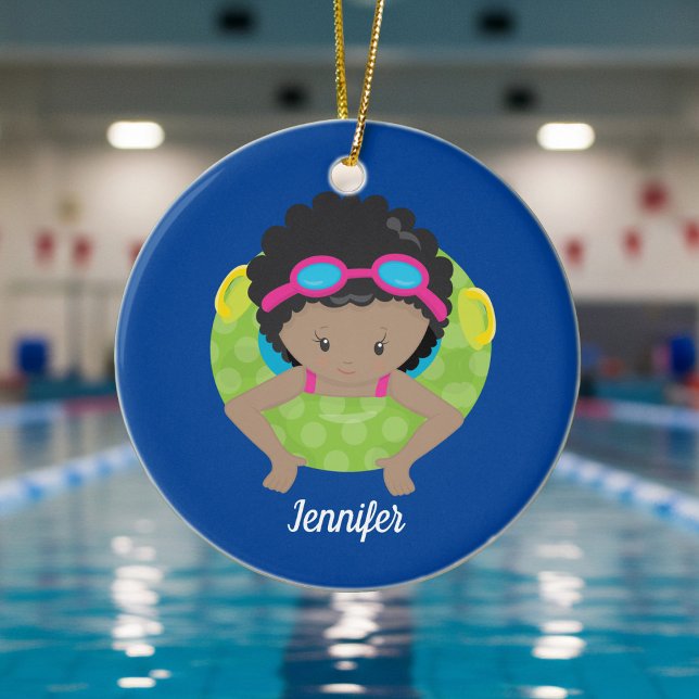 African American Girl Swim Team Monogram Blue Ceramic Ornament (Creator Uploaded)