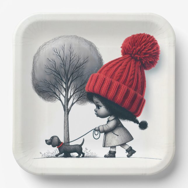 African-American Girl Walking Her Dog Paper Plate (Front)