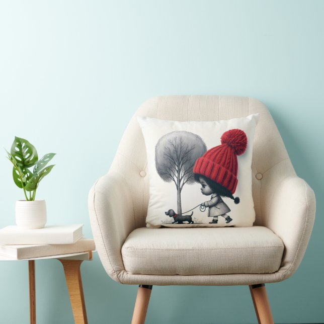 African-American Girl Walking Her Dog Throw Pillow (Chair)