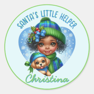 African American Girl Winter Holiday Puppy Classic Round Sticker