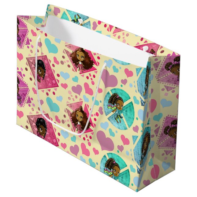 African American Girls and Hearts Large Gift Bag (Front Angled)