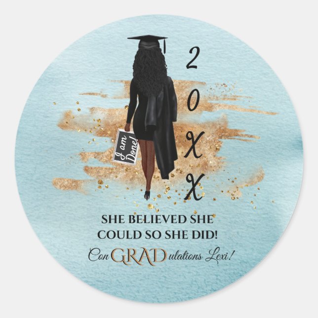African American Graduation Invitation (Dark Skin) Classic Round Sticker (Front)