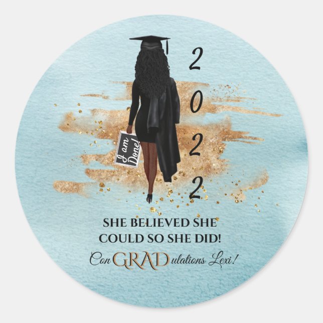 African American Graduation Invitation (Dark Skin) Classic Round Sticker (Front)