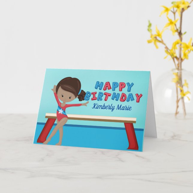 African American Gymnast Girl Gymnastics Birthday Card (Yellow Flower)