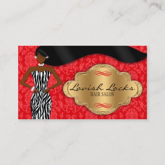 African American Hair Stylist Red Gold Zebra Business Card (Front)