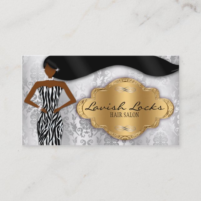 African American Hair Stylist Silver Gold Zebra Business Card (Front)