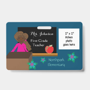 African American k-12 teacher blue photo ID badge