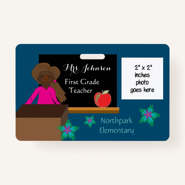 African American k-12 teacher blue photo ID badge (Front)