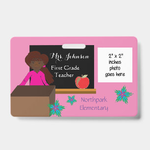African American k-12 teacher pink ID badge