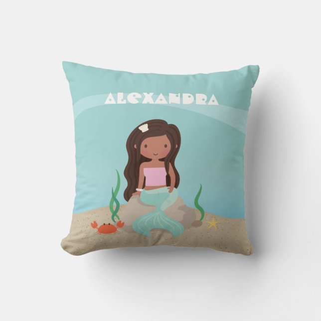 African American Little Mermaid Girls Room Decor Throw Pillow (Front)