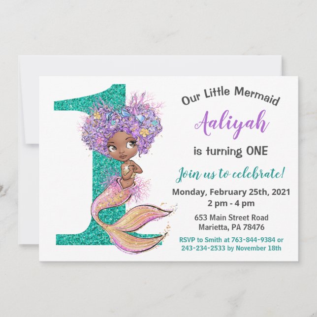 African American Mermaid 1st Birthday Invitation (Front)