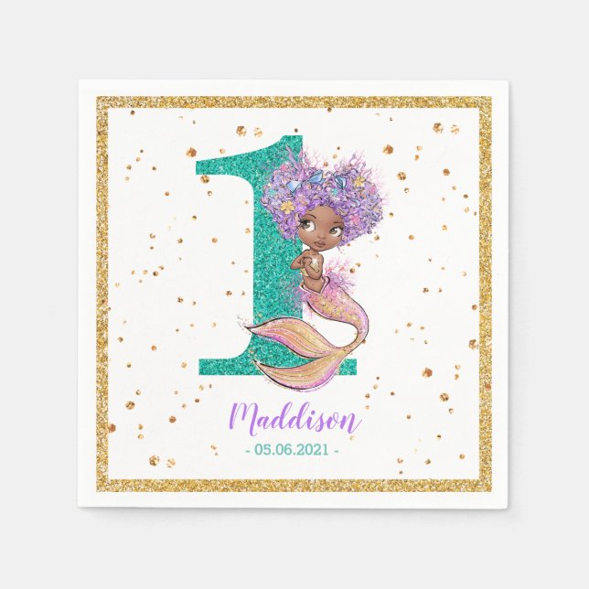 African American Mermaid 1st Birthday Napkins (Front)