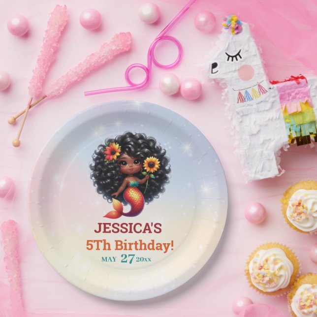 African American Mermaid 5Th Birthday  Paper Plate (Party)