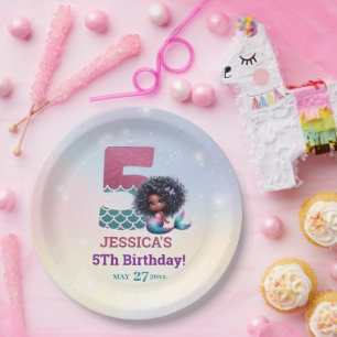 African American Mermaid 5Th Birthday Paper Plate