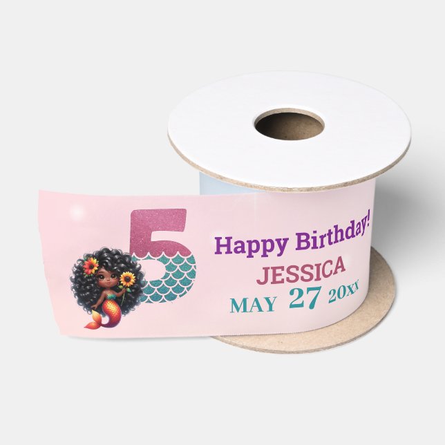 African American Mermaid 5Th Birthday  Satin Ribbon (Spool)