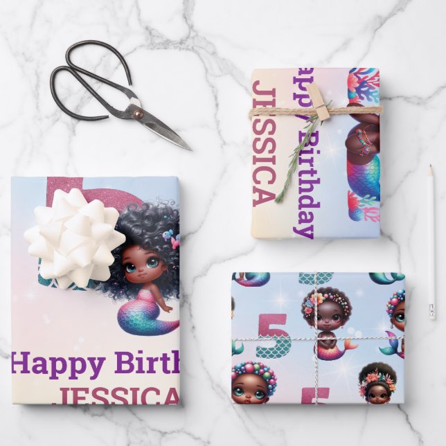 African American Mermaid 5Th Birthday  Wrapping Paper Sheet (Front)