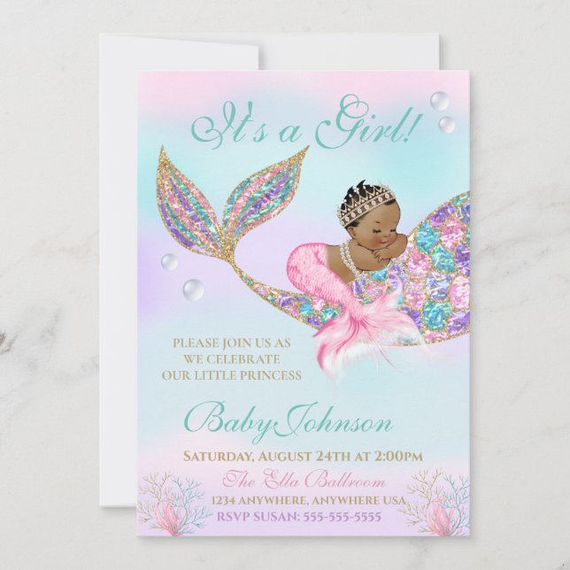 African AMerican Mermaid Baby SHower Glitter Tail Invitation (Front)