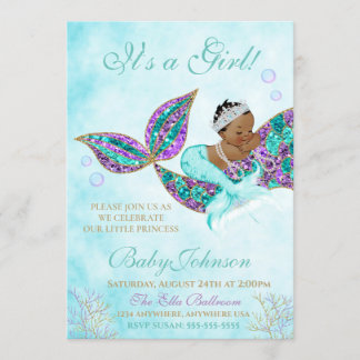 African American Mermaid Baby SHower Glitter Tail Invitation