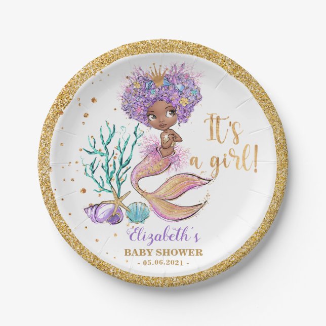 African American Mermaid Baby Shower Paper Plate (Front)