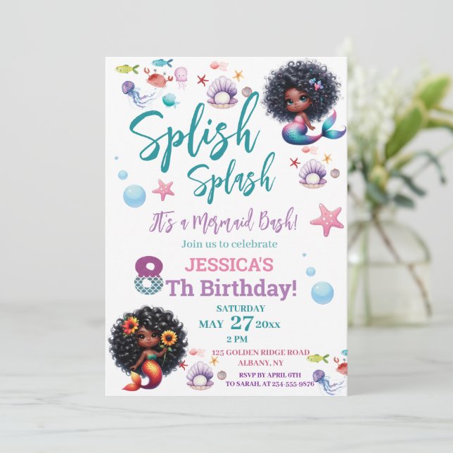 African American Mermaid Bash 8Th Birthday Photo Invitation (Standing Front)