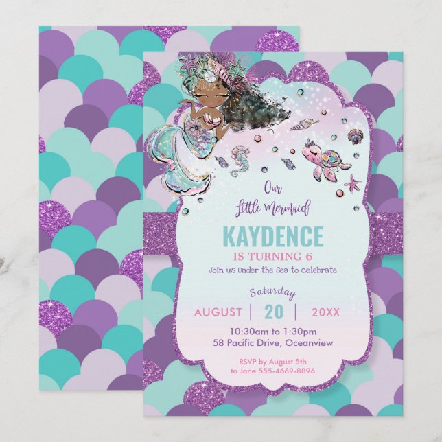 African American Mermaid Birthday Party Glitter Invitation (Front/Back)