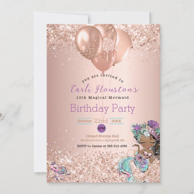 African American Mermaid Birthday Party Invitation (Front)
