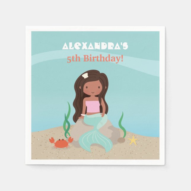 African American Mermaid Birthday Party Napkins (Front)