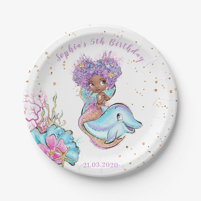 African American Mermaid Birthday Party Paper Plate (Front)