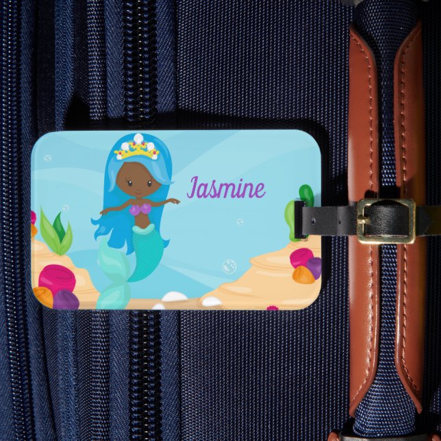 African American Mermaid Cute Custom Kids Luggage Tag (Front Insitu 4)