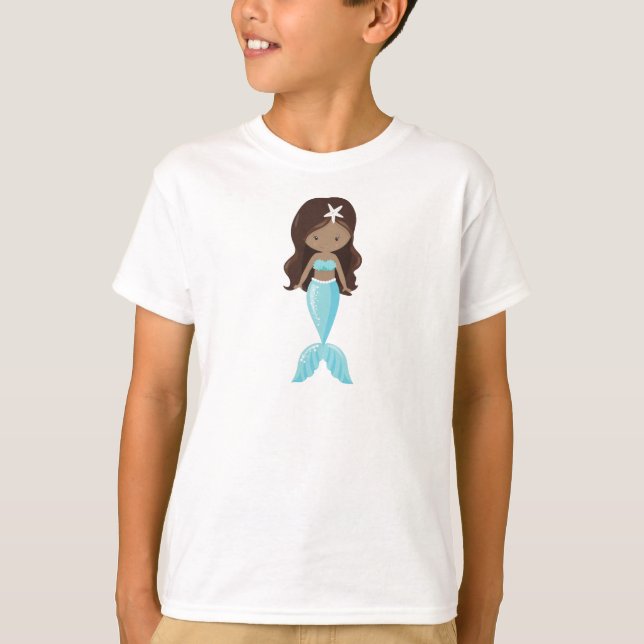 African American Mermaid, Cute Mermaid, Blue Tail T-Shirt (Front)